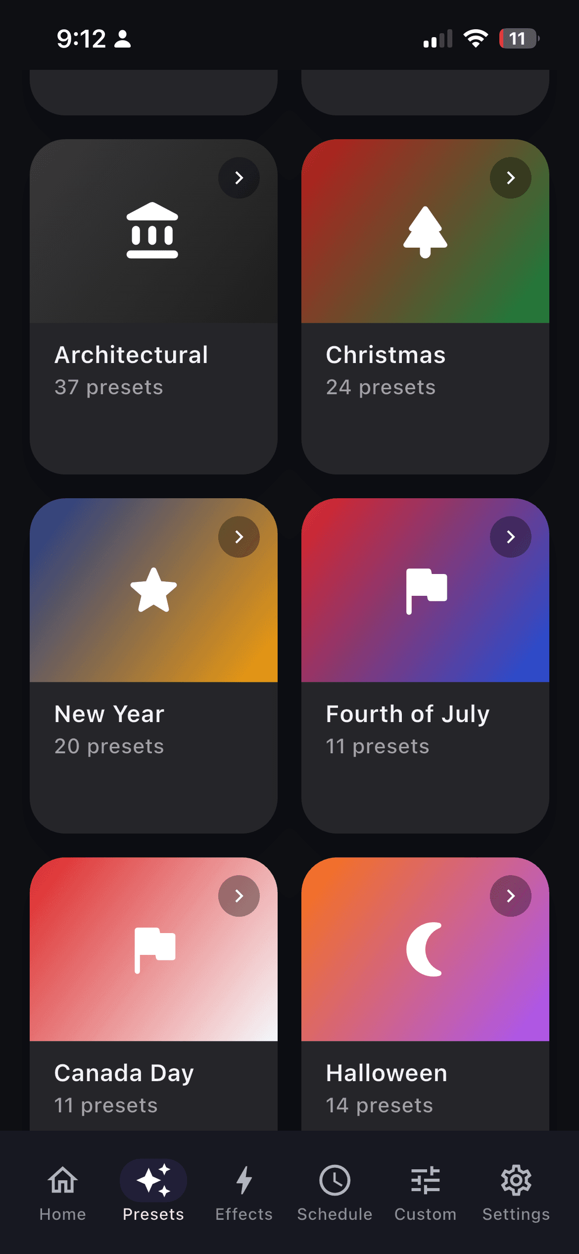 Luminair presets app screen